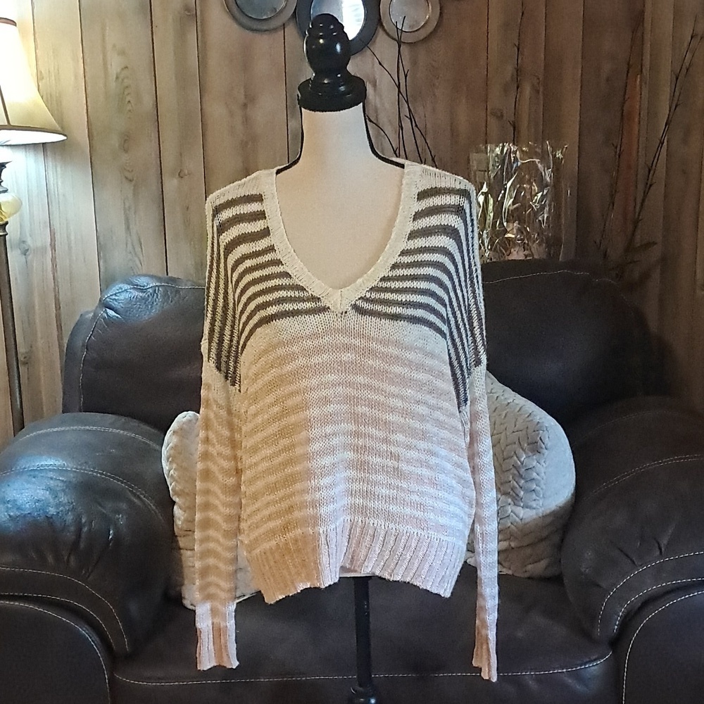 Rag Poets Pink & Gray Stripped Long Sleeve Loose Knit Sweater Size M Lightweight
